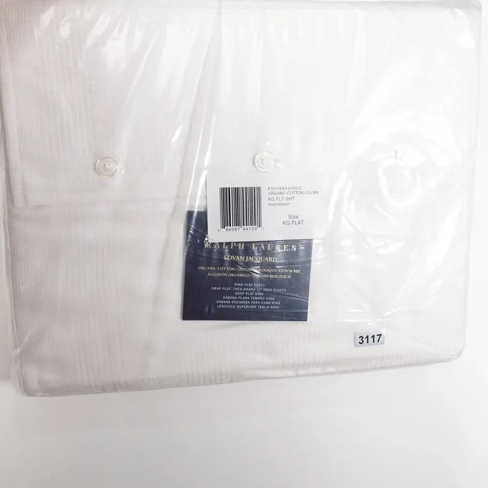 New Ralph Lauren Organic Cotton Lovan Jacquard Parchment White King Flat Sheet